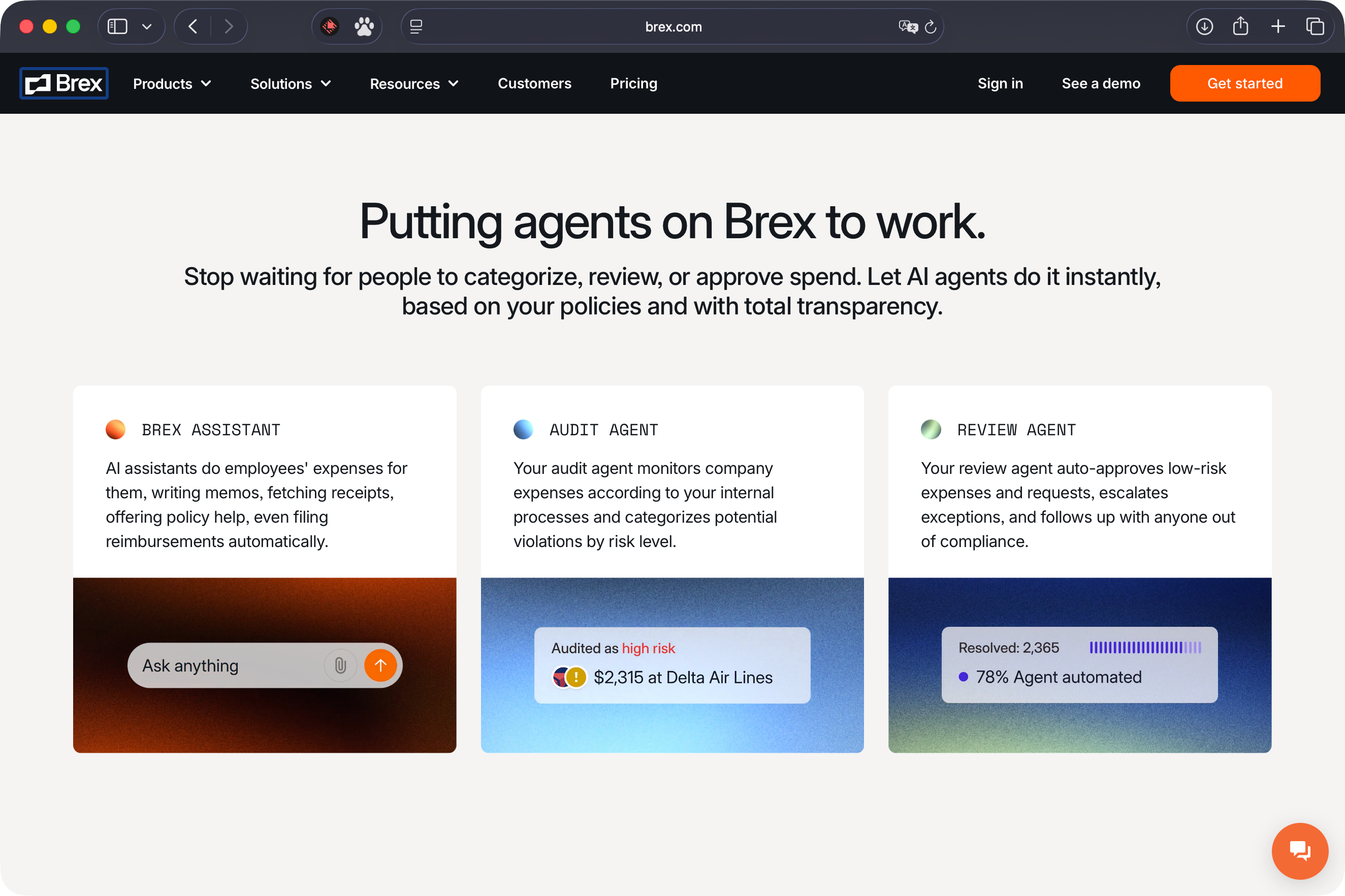 Brex website highlighting AI agent capabilities
