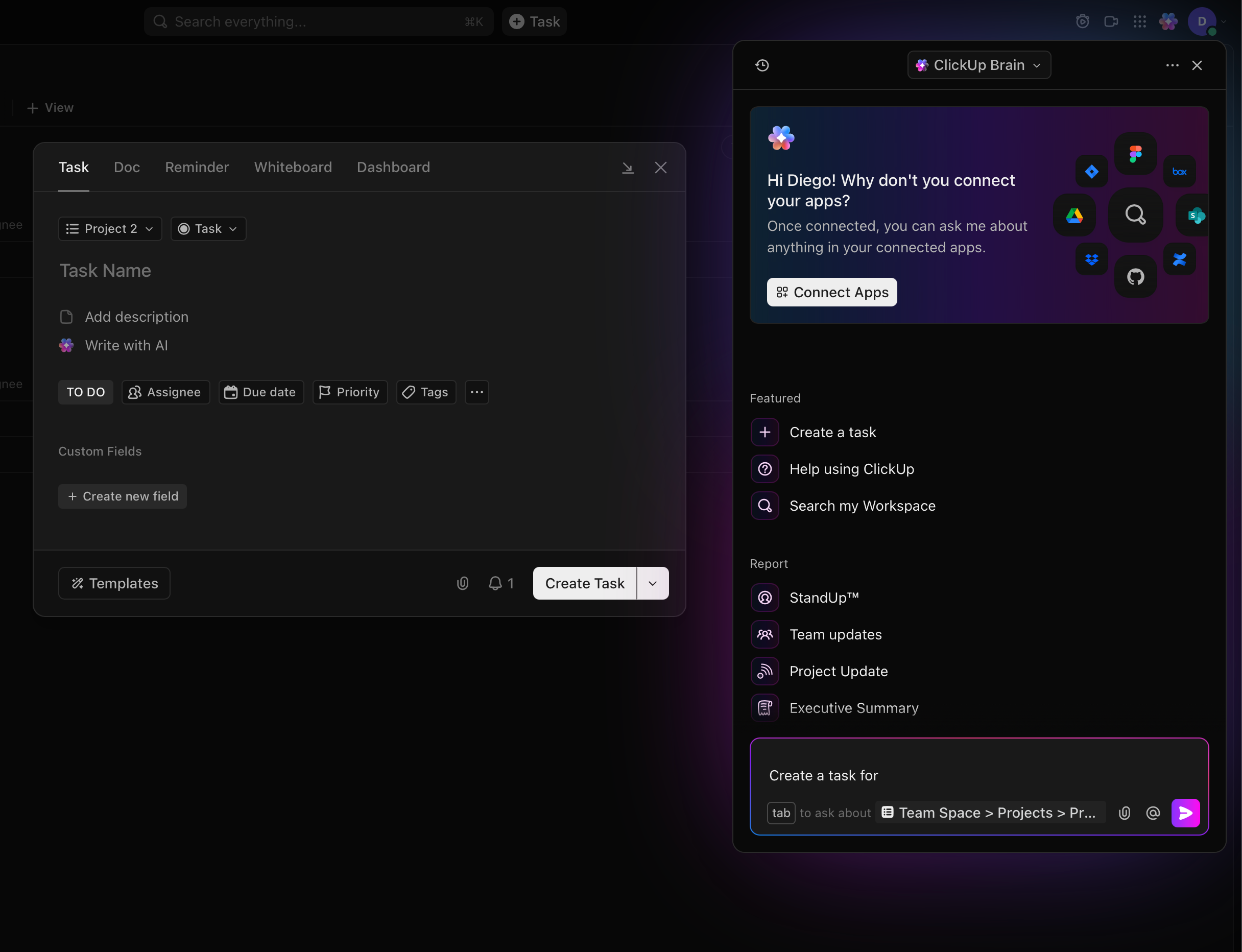 ClickUp task creation interface showing the New Task dialog and the AI chatbot