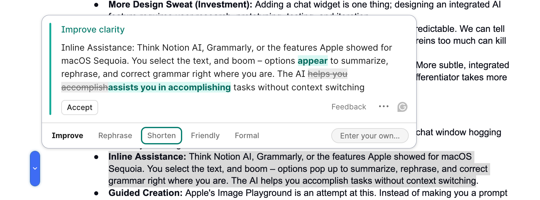 The Grammarly plugin for Google Docs shows corrections for a text selection