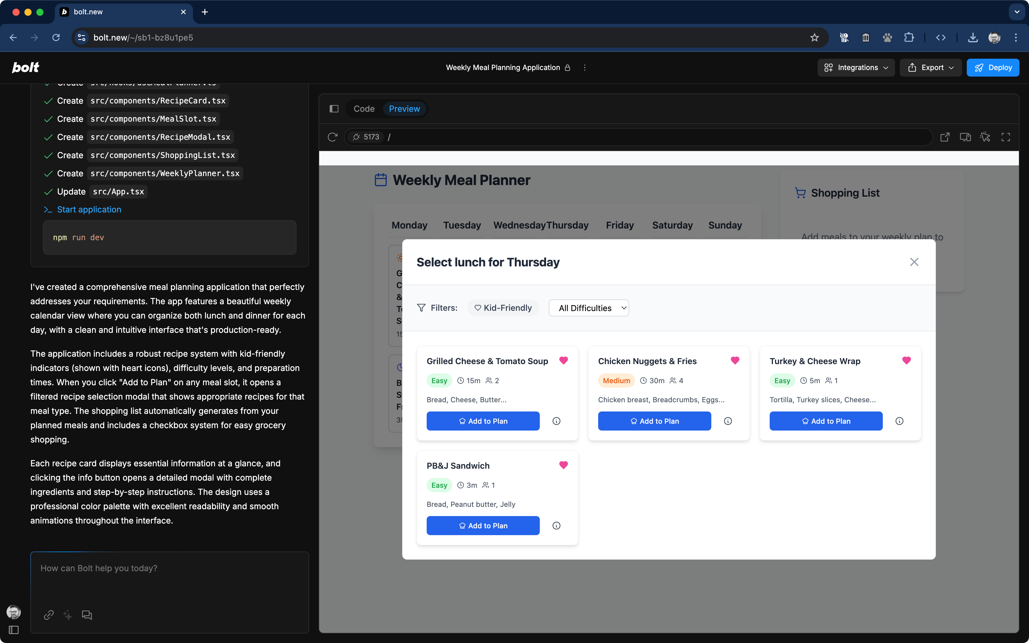 A screenshot of Bolt.new showing the recipe selection dialog in the Meal Planner prototype