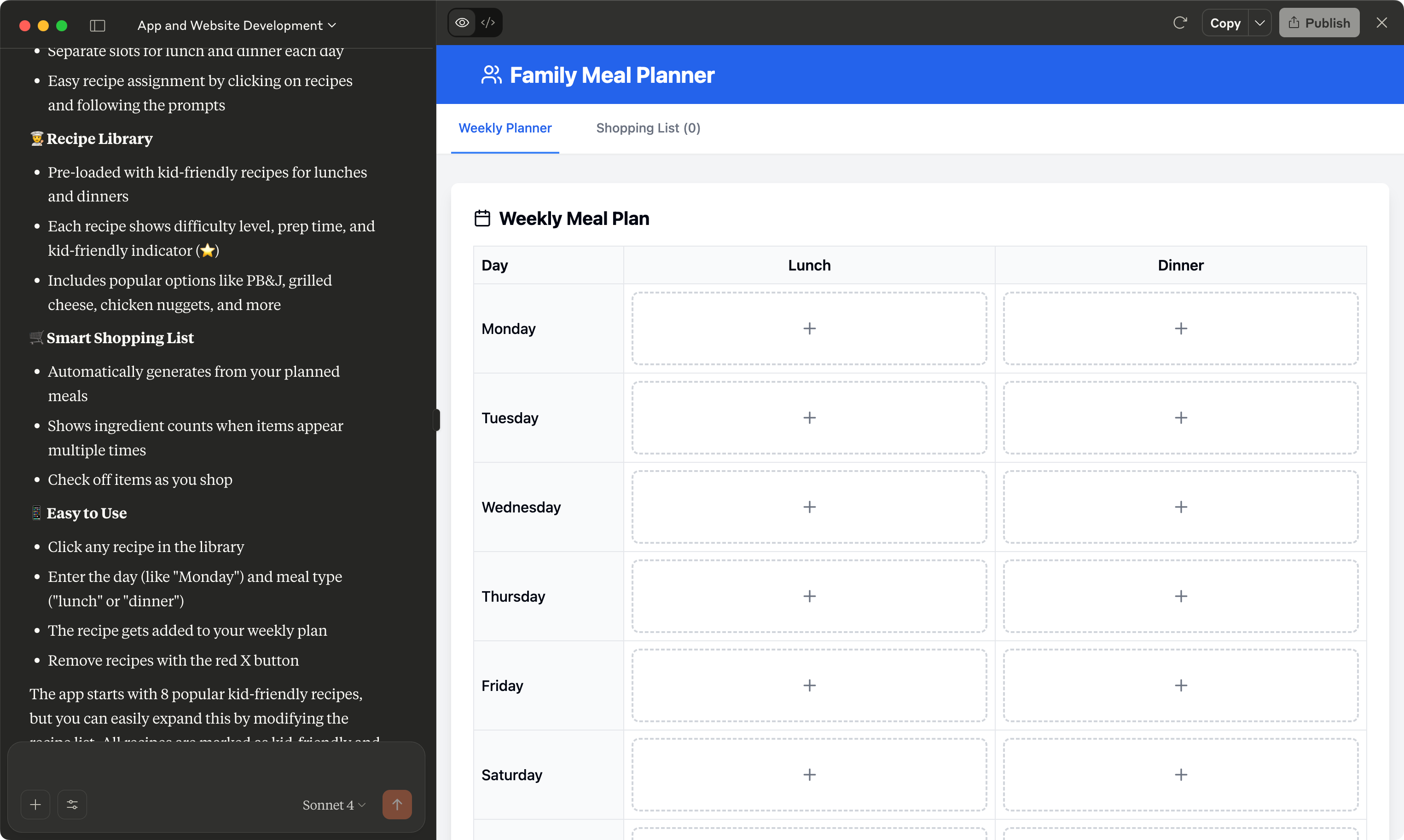Claude Artifacts generated Meal Planner UI that resembles other tools’ outputs but lacks functional interactions