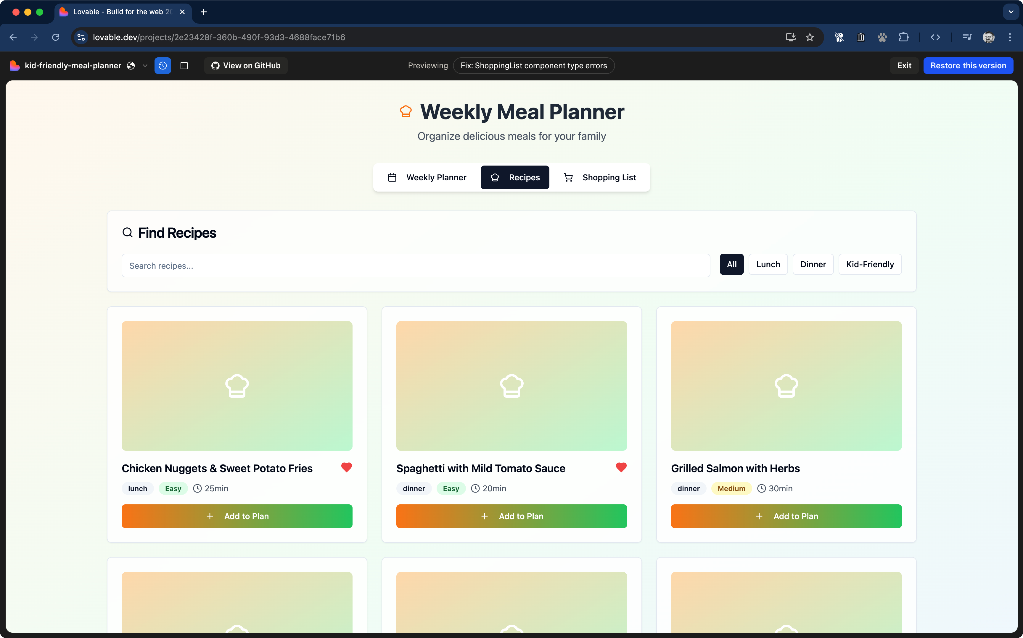 Screenshot of Lovable-generated Meal Planner UI featuring colourful recipe cards with heart-shaped favourite icons, including a “Chicken Nuggets” entry