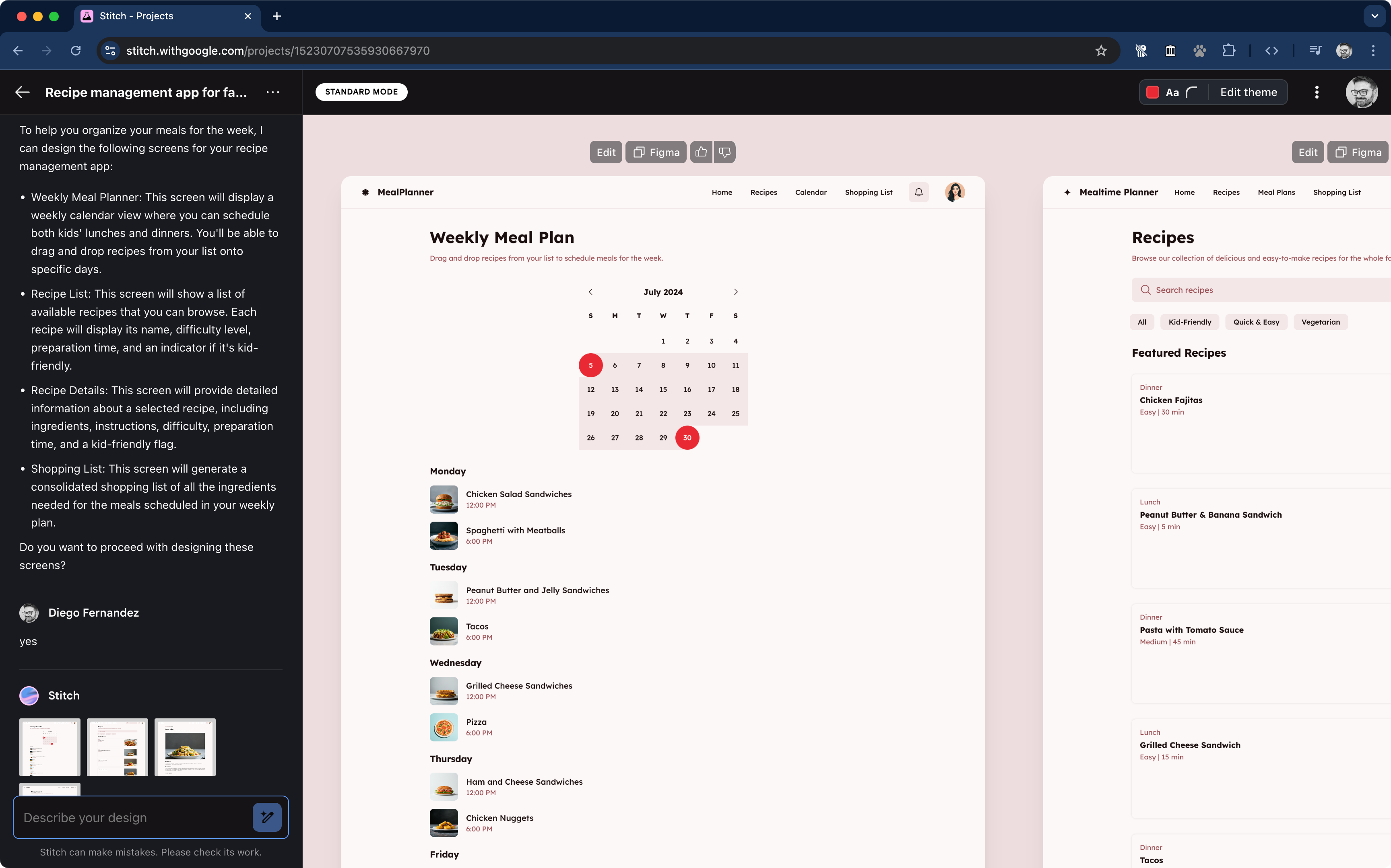 Google Stitch first draft of the Meal Planner featuring a bright pastel palette and an unconventional card layout