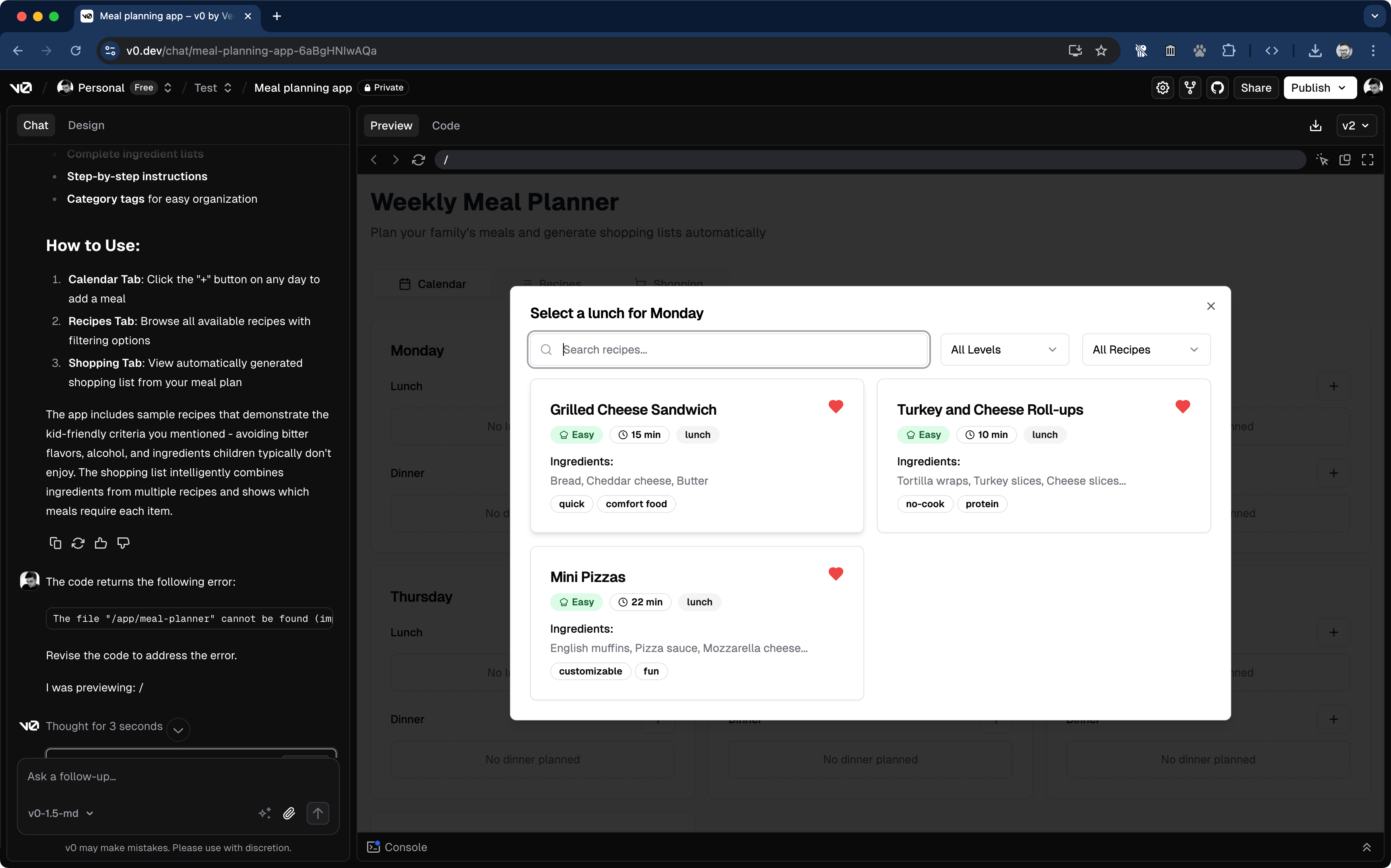 Vercel v0 recipe-selection dialog showing fabricated recipes, each with a non-functional heart favourite icon