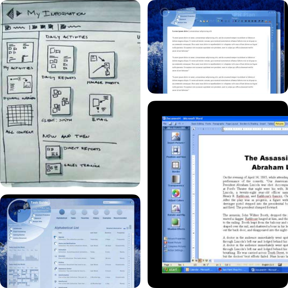UI sketches and mockups featuring design alternatives from Office 2008