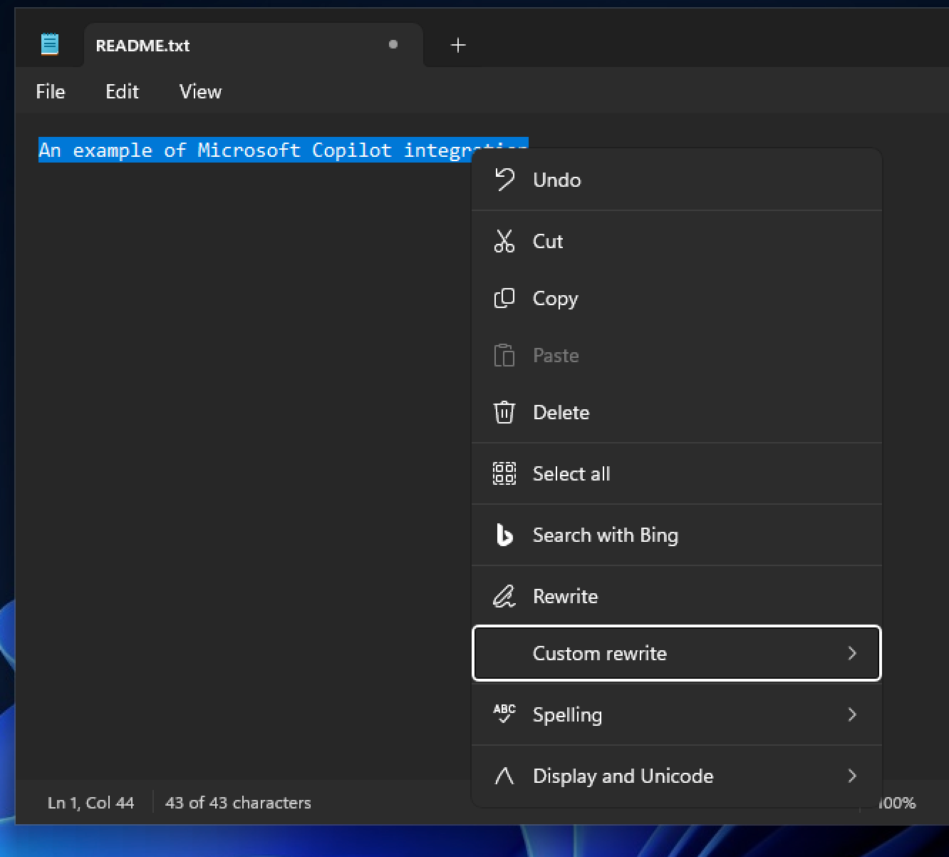 Screenshot of the Microsoft AI rewrite feature
